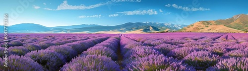 Expansive lavender field in full bloom with rolling mountains in the background, vibrant purple flowers under a clear blue sky, scenic landscape