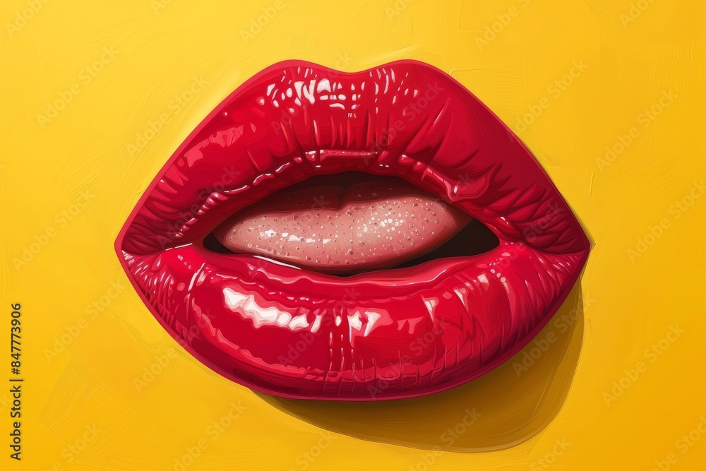 Vector illustration of red lips with tongue sticking out on yellow background