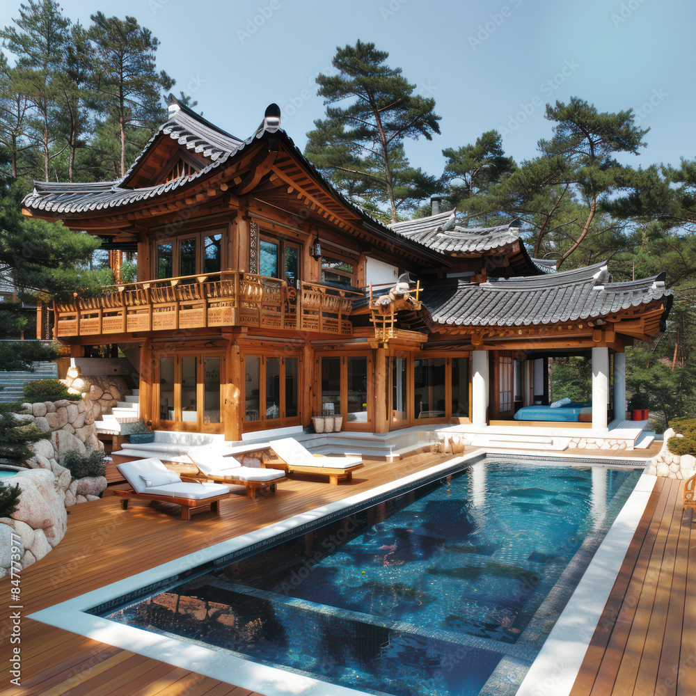 Naklejka premium tiny two floor timber frame house with single front doors and terrace with korean theme design with pool