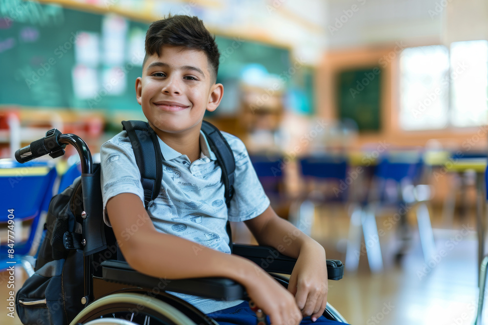 Young student in a wheelchair beams confidently in a classroom environment, embodying inclusion and positivity amidst a vibrant educational setting. Young student in a wheelchair beams confidently in a classroom environment, embodying inclusion and positivity amidst a vibrant educational setting.