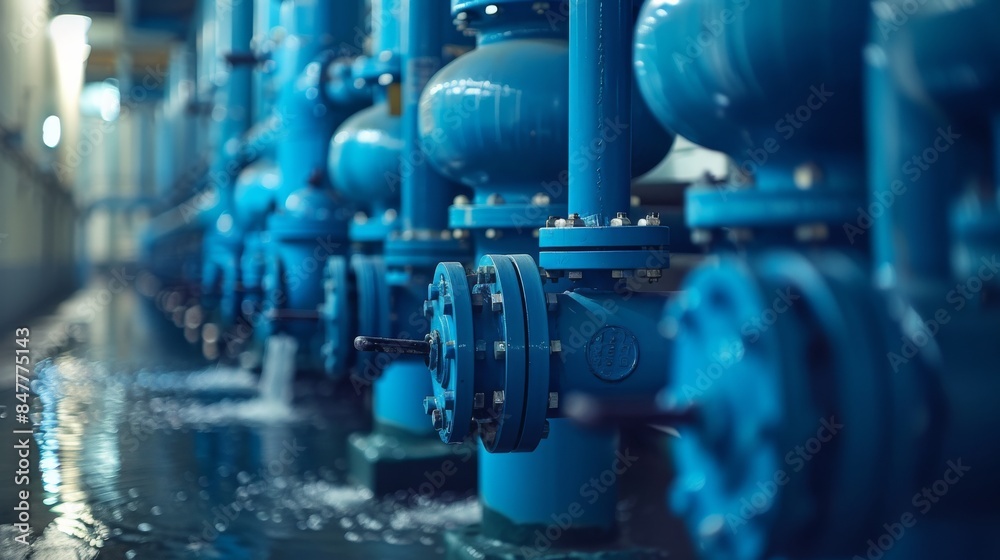 Complex Blue Water Pipes System in Modern Industrial Power Plant Interior with Various Small and Large Pipes, Air Mixers, and Tubes Housings Complex Blue Water Pipes System in Modern Industrial Power Plant Interior with Various Small and Large Pipes, Air Mixers, and Tubes Housings