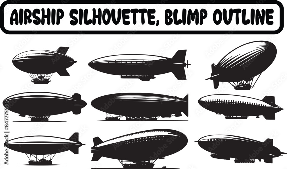 Fototapeta premium Black isolated silhouette Bundle on white background. Icon of side view of airship, Airship Silhouette Design