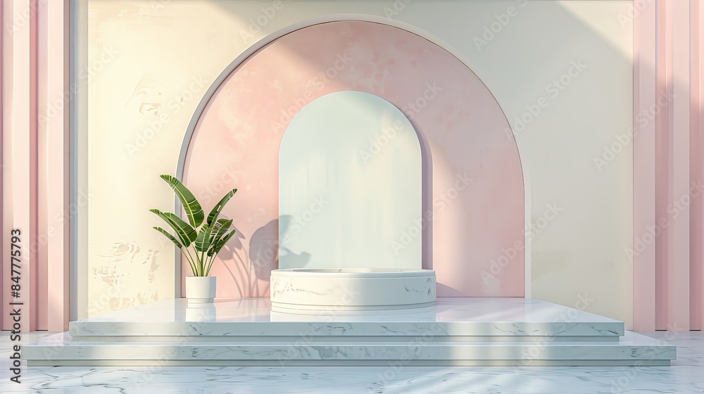 Minimalist White Marble Podium with Pink Arch Background. Minimalist White Marble Podium with Pink Arch Background.
