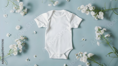 plain white cotton short sleeve bodysuit for a baby is displayed on a light blue backdrop with white flowers, mockup, newborn bodysuit template pictured, flat lay, top view