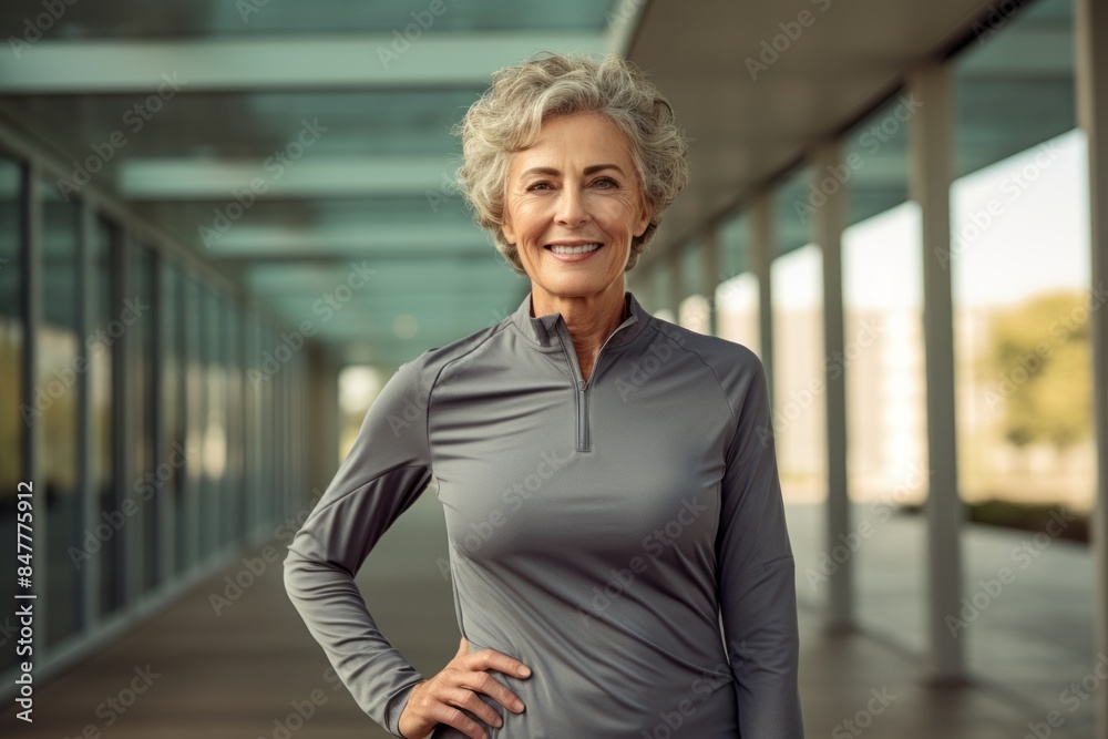 Portrait of a content woman in her 70s wearing a moisture-wicking running shirt in sophisticated corporate office background Portrait of a content woman in her 70s wearing a moisture-wicking running shirt in sophisticated corporate office background