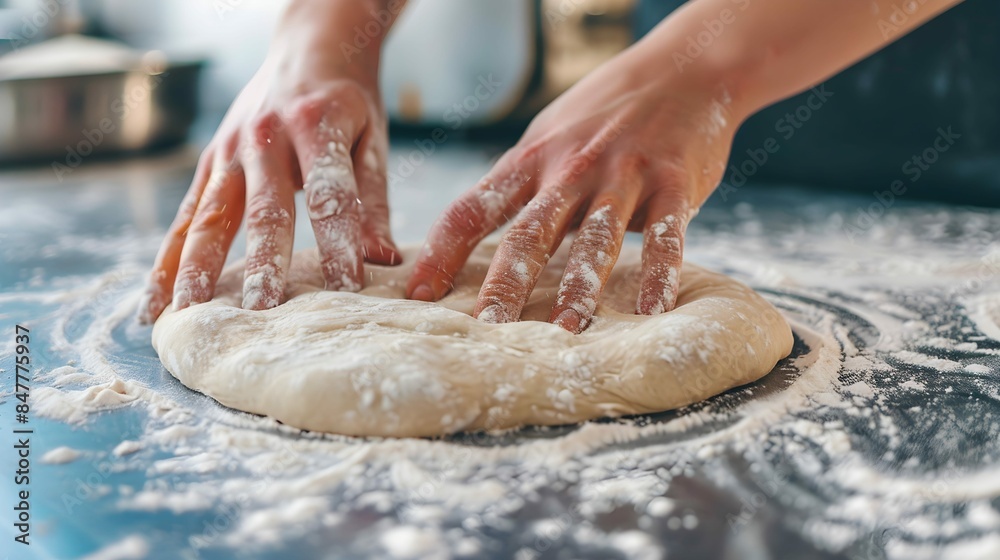 Pizza Process Dough Preparation Close-up shots of the hands kneading and stretching pizza dough on a floured surface, emphasizing the tactile and hands-on nature of the process Pizza Process Dough Preparation Close-up shots of the hands kneading and stretching pizza dough on a floured surface, emphasizing the tactile and hands-on nature of the process