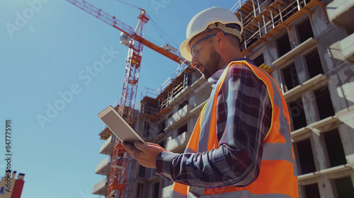 A construction engineer in a high-visibility vest and hard hat inspecting a construction site with a digital tablet, with an unfinished building and a construction crane in the background, under a cle