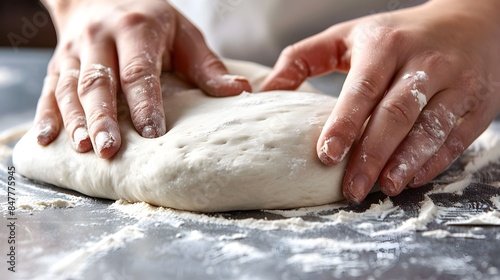Pizza Process Dough Preparation Close-up shots of the hands kneading and stretching pizza dough on a floured surface, emphasizing the tactile and hands-on nature of the process 