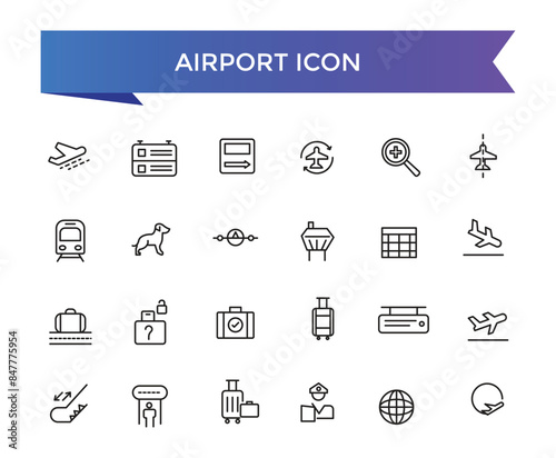 Airport icon collection. Related to plane, boarding pass, traveler, duty free, information desk, customs, detector, immigration and pilot icons.