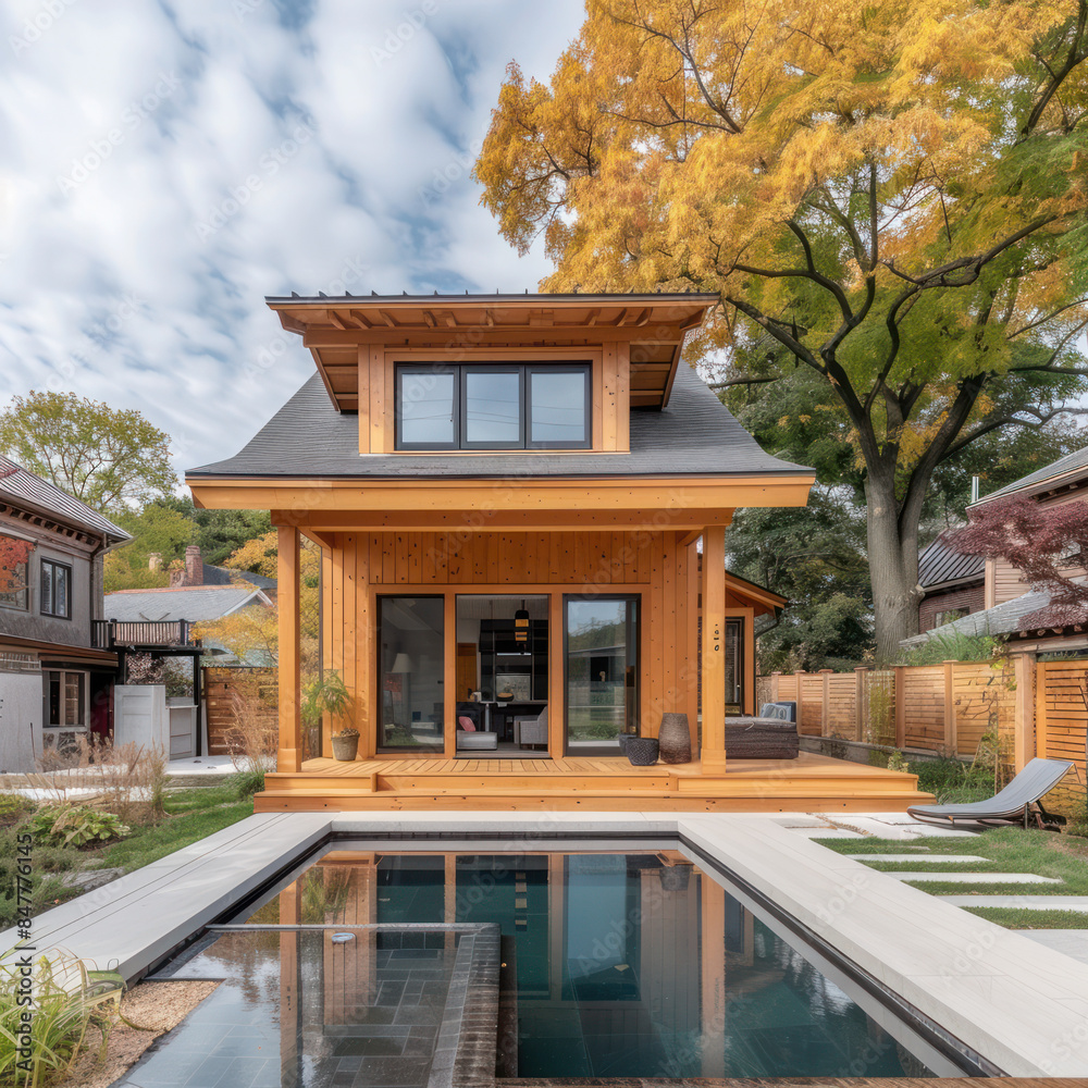 Fototapeta premium tiny two floor timber frame house with single front doors and terrace with korean theme design with pool