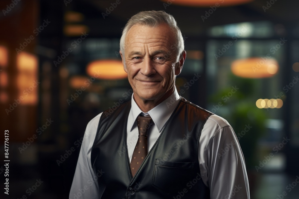 Portrait of a smiling man in his 70s dressed in a water-resistant gilet isolated on sophisticated corporate office background Portrait of a smiling man in his 70s dressed in a water-resistant gilet isolated on sophisticated corporate office background