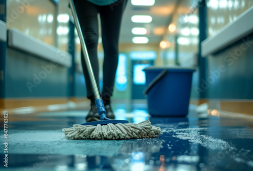 close up a woman in a cleaning uniform mopping the floor in hospital corridor