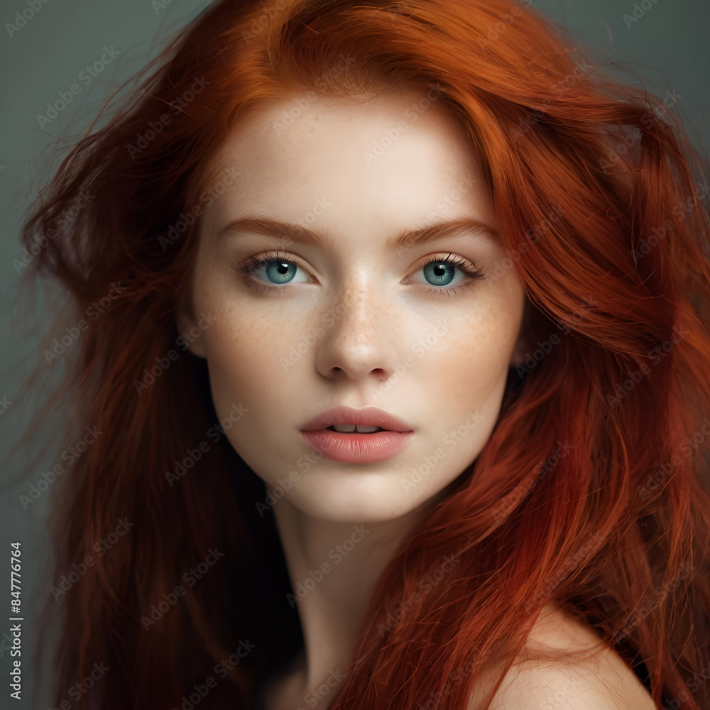 Portrait, beautiful, young woman, red hair, gray background Portrait, beautiful, young woman, red hair, gray background