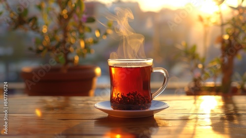 Close up of steaming cup of tea on vintage table - early morning breakfast on rustic background