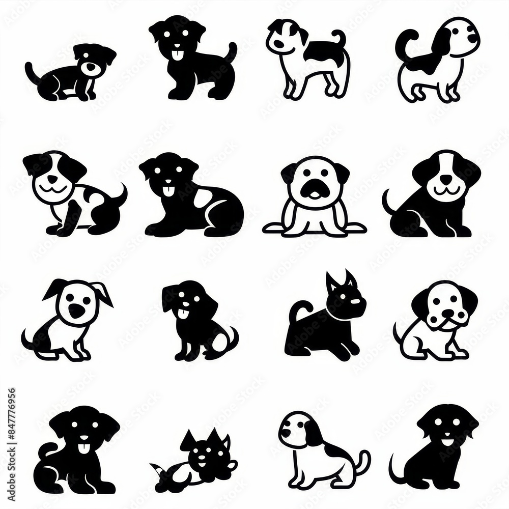 Cute dog icon set, pet animal flat silhouette, puppy icons, funny dog character pictogram, minimal woof sign