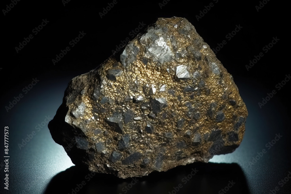 Tetrataenite fossil mineral stone. Geological crystalline fossil. Dark background close-up. Tetrataenite fossil mineral stone. Geological crystalline fossil. Dark background close-up.