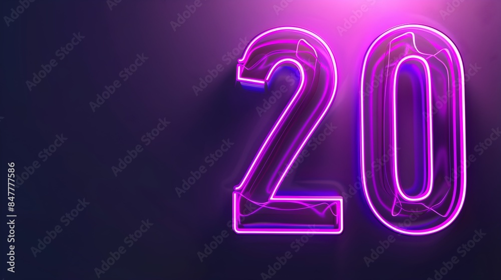 number 20 purple color 3D neon glowing lines on dark background