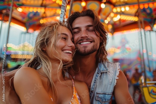 A close and personal view of a loving young couple at a carnival, the smiles and joy between them palpable amidst the bokeh lights