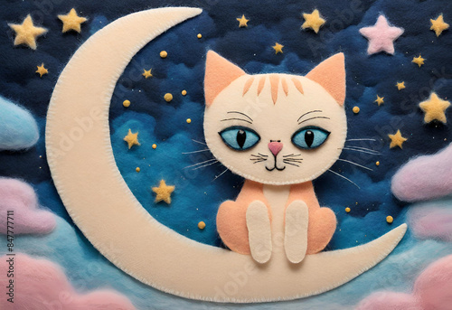 Felt art of an orange cat with a night sky.