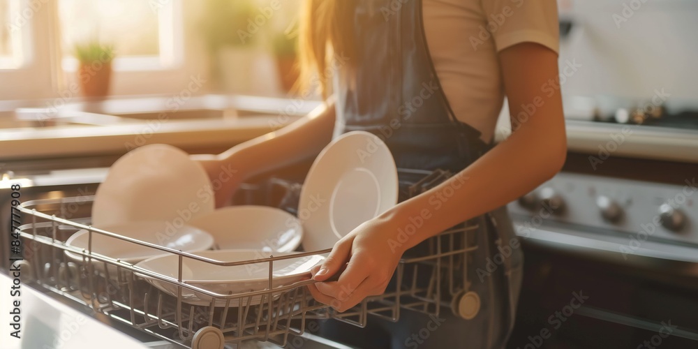 Household routine of loading dishwasher rack with plates and dishes. Household routine of loading dishwasher rack with plates and dishes.