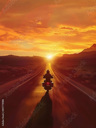 motorcycle rider on a road at sunset panorama, motorcyclist riding along a scenic road at sunset, freedom and adventure concept