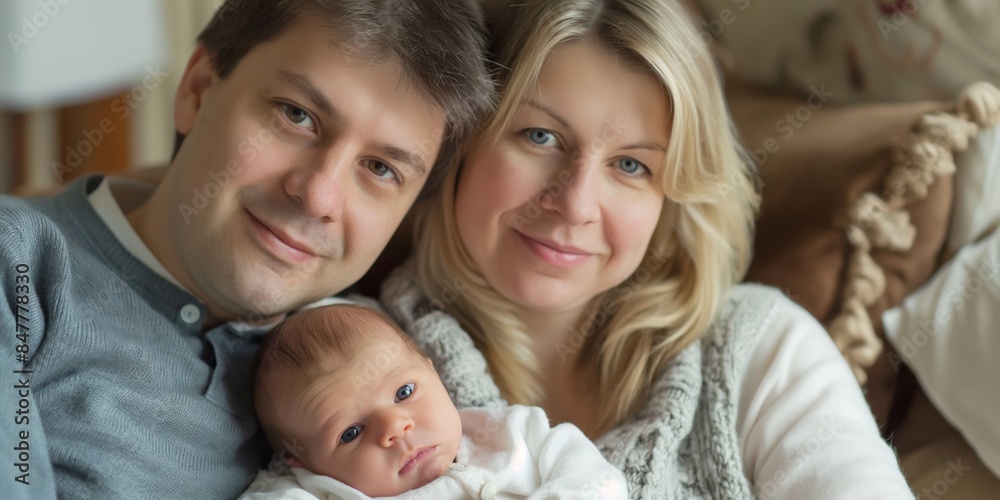 Affectionate family portrait with parents holding a cute newborn baby and young children together.