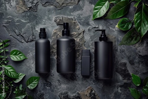 Mens skincare products in black bottles with green leaves. Premium packaging design.