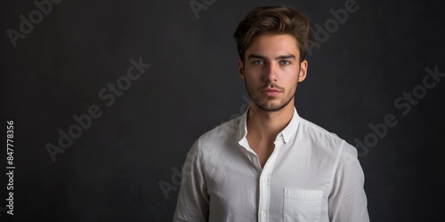 A fashionable and confident young man in a white shirt poses elegantly against a grey background.