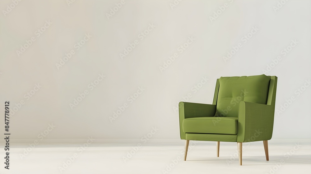 Modern armchair with green linen cover on light background with copy space Modern armchair with green linen cover on light background with copy space