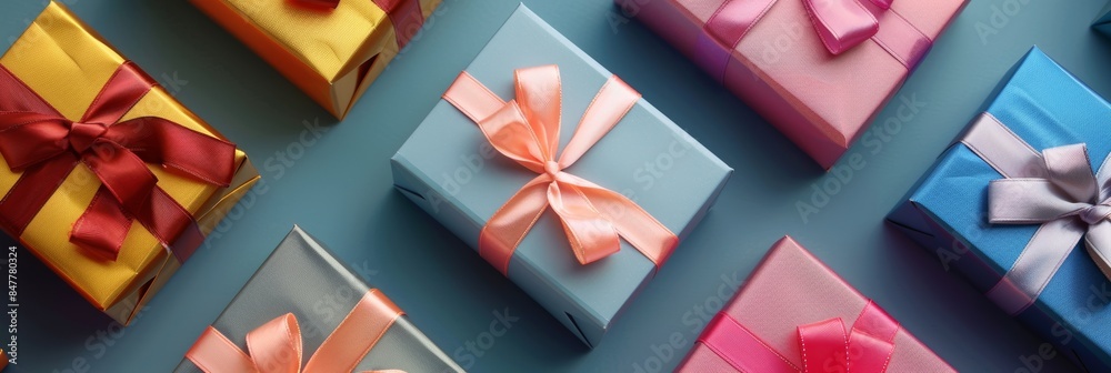 Festive gift boxes in various colors with shiny satin ribbons, perfect for all occasions.