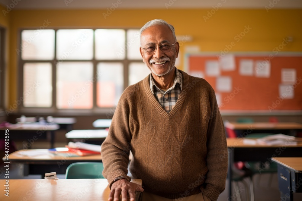 Portrait of a glad indian man in his 70s wearing a classic turtleneck sweater isolated in lively classroom background Portrait of a glad indian man in his 70s wearing a classic turtleneck sweater isolated in lively classroom background