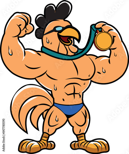 Homme poulet avec des lunettes et maillot de bain qui tient une médaille d'or