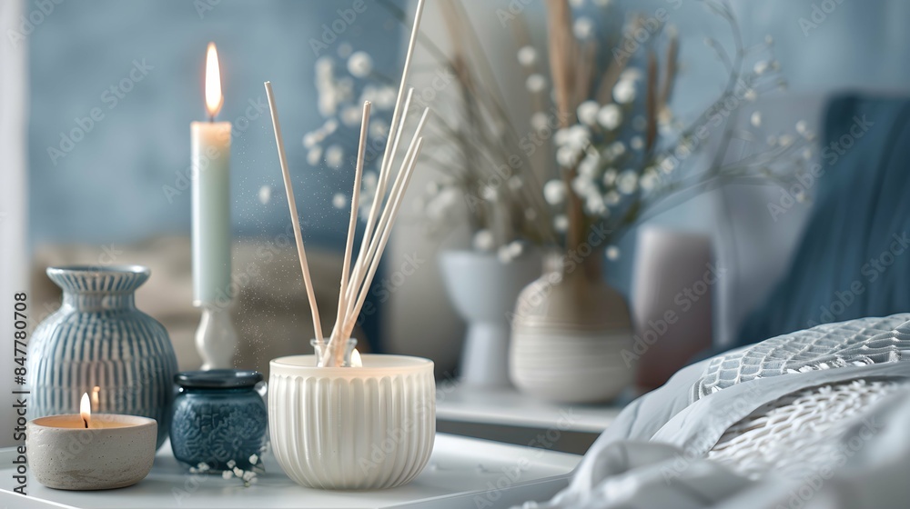 In a luxurious bedroom setting, an aromatic scented candle rests on a white metal table, accompanied by a ceramic vase and reed diffuser to create a relaxing ambiance In a luxurious bedroom setting, an aromatic scented candle rests on a white metal table, accompanied by a ceramic vase and reed diffuser to create a relaxing ambiance