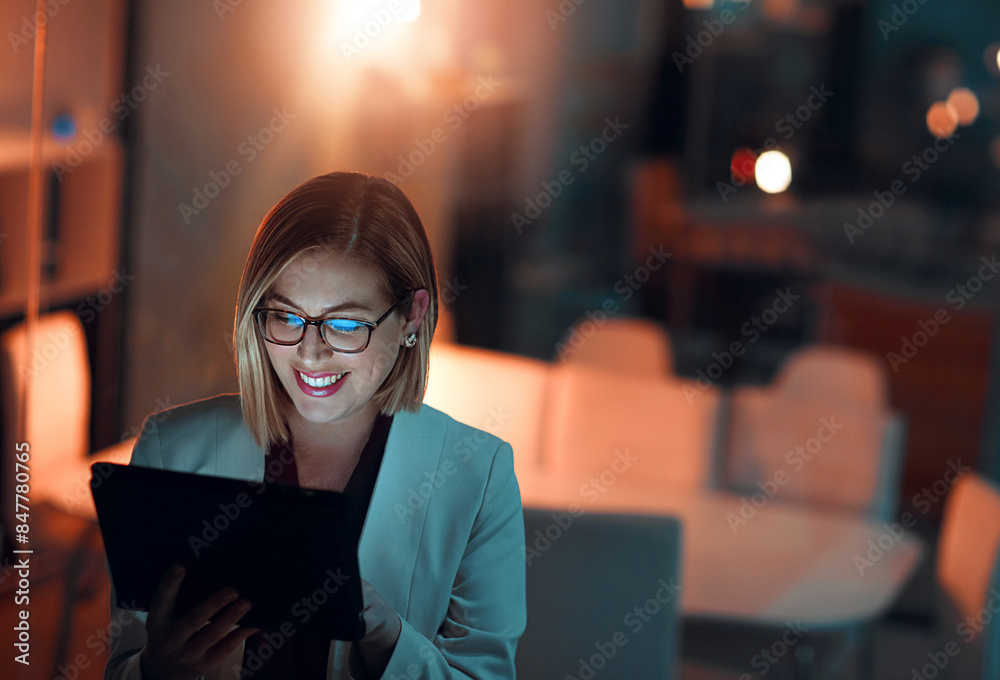 Corporate woman, tablet and smile at night in office for company agenda, research and planning. Executive, technology and reading email or report for business results, growth and revenue with data Corporate woman, tablet and smile at night in office for company agenda, research and planning. Executive, technology and reading email or report for business results, growth and revenue with data