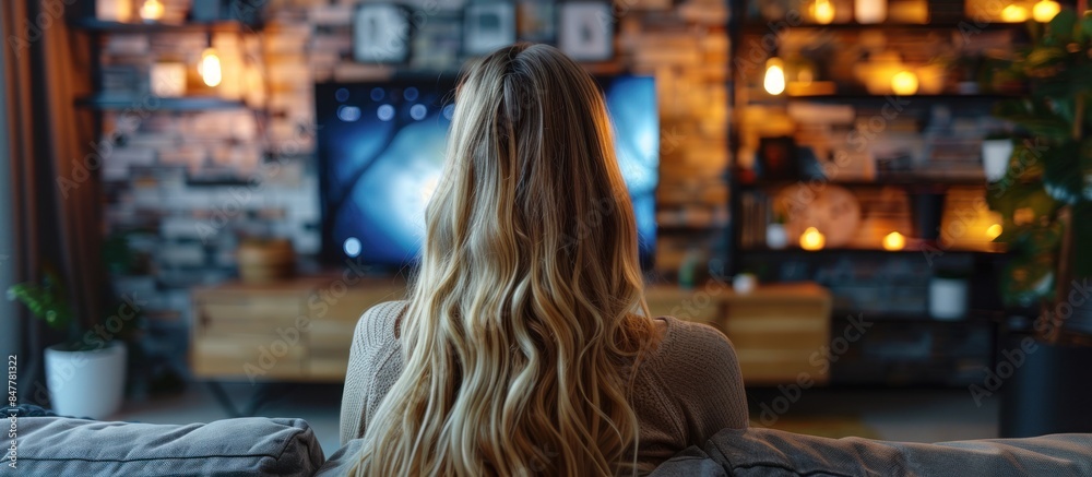 A young woman sitting on a sofa in living room and watching television, back view angle AI generated A young woman sitting on a sofa in living room and watching television, back view angle AI generated