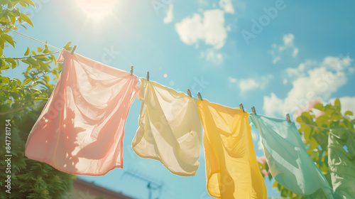Colorful pastel blankets dry on a clothesline with clothespins. The clothes are hanging against the bright sunny blue sky, house and backyard background in a concept of laundry day.