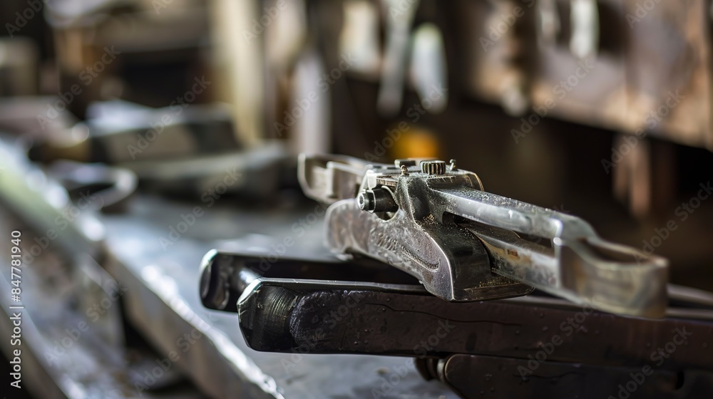 Workbench with vice and metal parts, close-up on craftsmanship, detailed, sharp light. Workbench with vice and metal parts, close-up on craftsmanship, detailed, sharp light.
