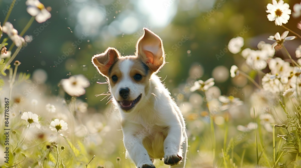 happy dog puppy running near summer flowers happy dog puppy running near summer flowers