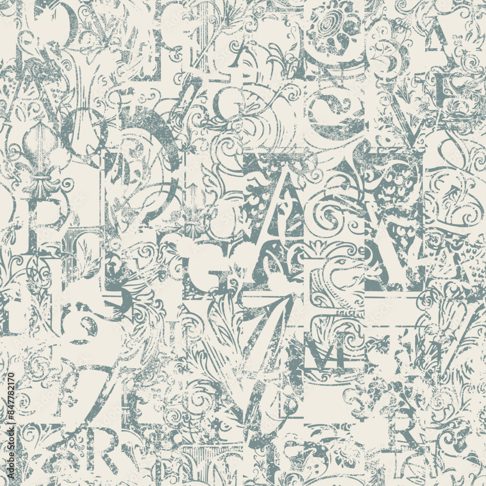 Fototapeta premium Abstract seamless pattern with chaotic layering of vintage letter elements floral ornament. Vector grunge background art in creative modern design