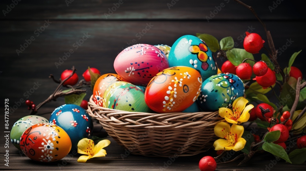 Fototapeta premium colorful easter eggs in basket . With copy space