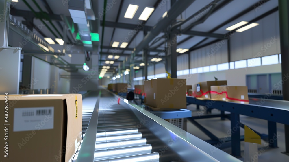 Fototapeta premium Automated sorting system for packages, barcode readers in use, efficient, clear light. 