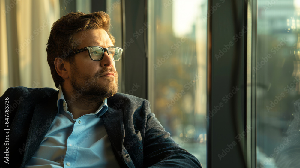 Thoughtful businessman looking out the window in office setting Thoughtful businessman looking out the window in office setting