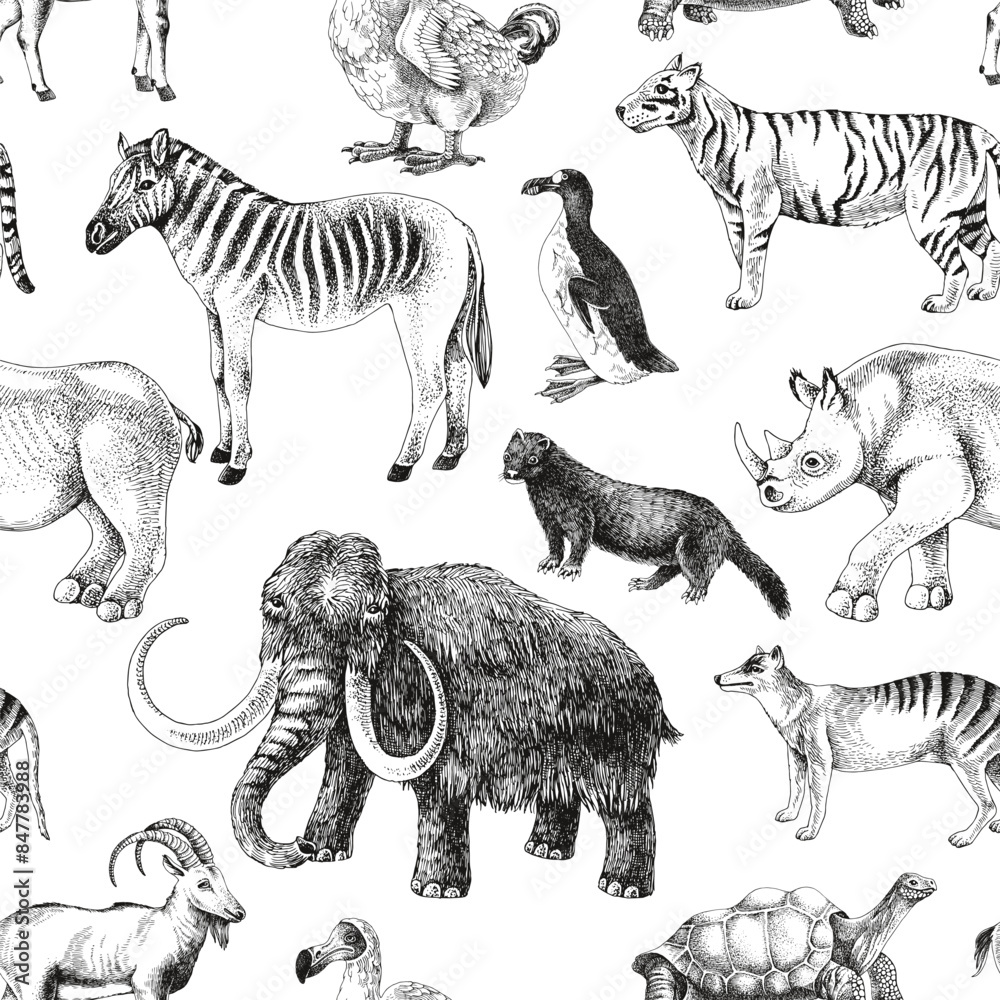 Naklejka premium Seamless pattern with hand drawn extinct animals