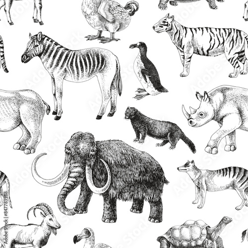 Seamless pattern with hand drawn extinct animals