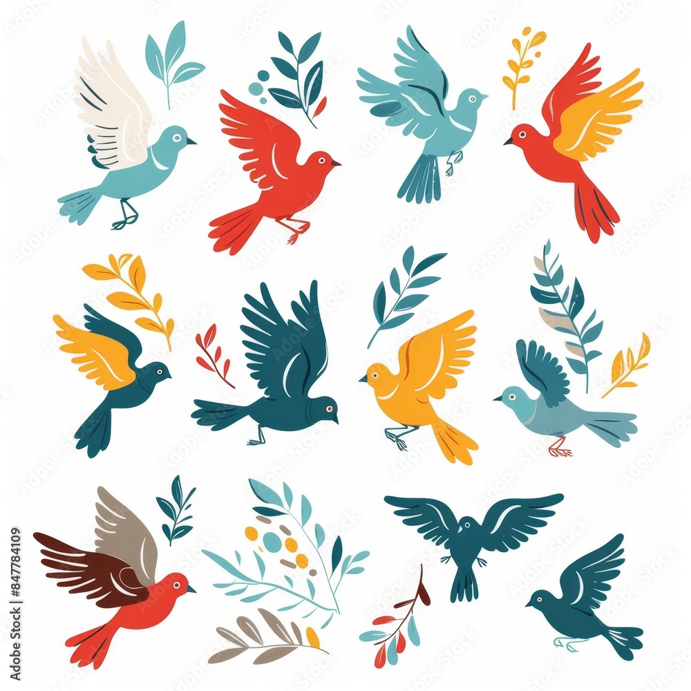Fototapeta premium Peace dove icon, pigeons, dove twigs doodle sketched collection. Flying birds silhouettes on white
