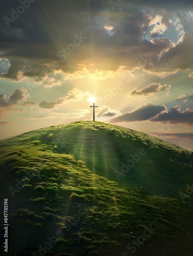 Cristian cross on top of a green hill at sunset