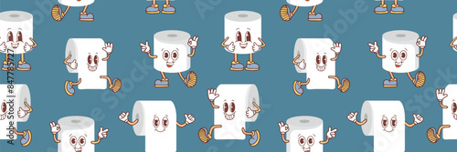 Seamless pattern with cute cartoon toilet paper rolls with faces in Kawaii style. Vector illustration