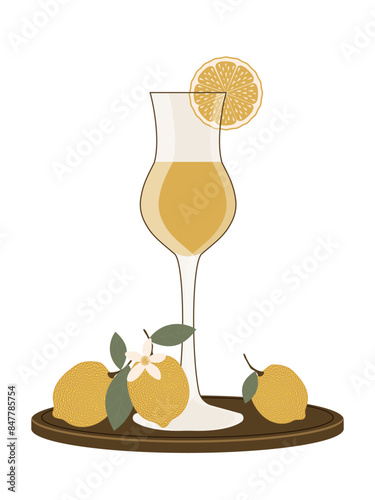 Lemon liqueur in a glass on a wooden stand with lemons isolated on a white background. Vector
