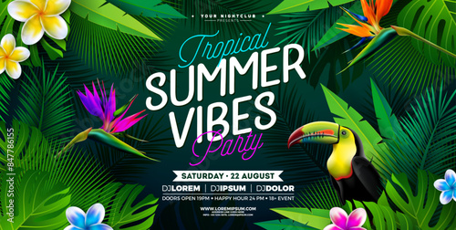 Summer Vibes Party Banner Design Template with Flower, Toucan Bird and Tropical Leaves on Dark Green Background. Vector Summer Celebration Holiday Illustration for Banner, Flyer, Invitation or