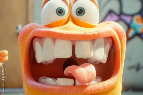 Close-up of a funny cartoon character with big eyes and tongue sticking out